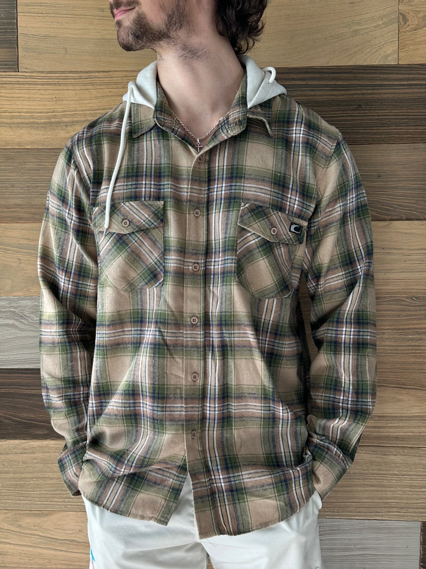 Midlands Hooded Plaid Button Up - Tan