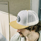 Round Shop Logo Flat Bill Trucker Hat - Grey/Biscuit