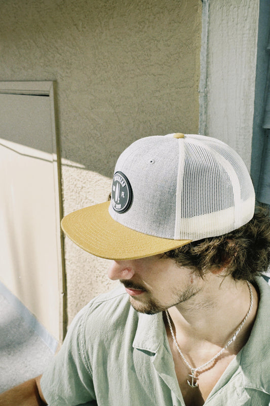 Round Shop Logo Flat Bill Trucker Hat - Grey/Biscuit