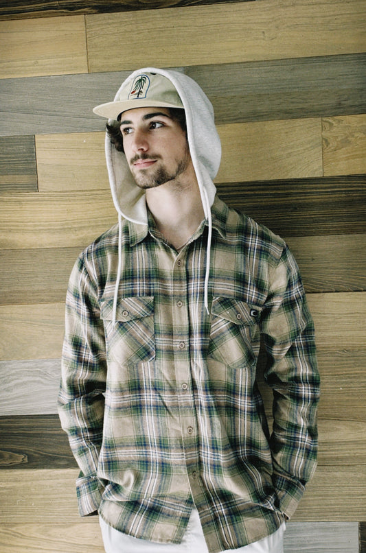 Midlands Hooded Plaid Button Up - Tan