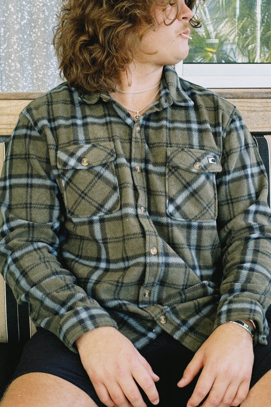 Wildwood Fleece Button Up - Olive/Slate Blue