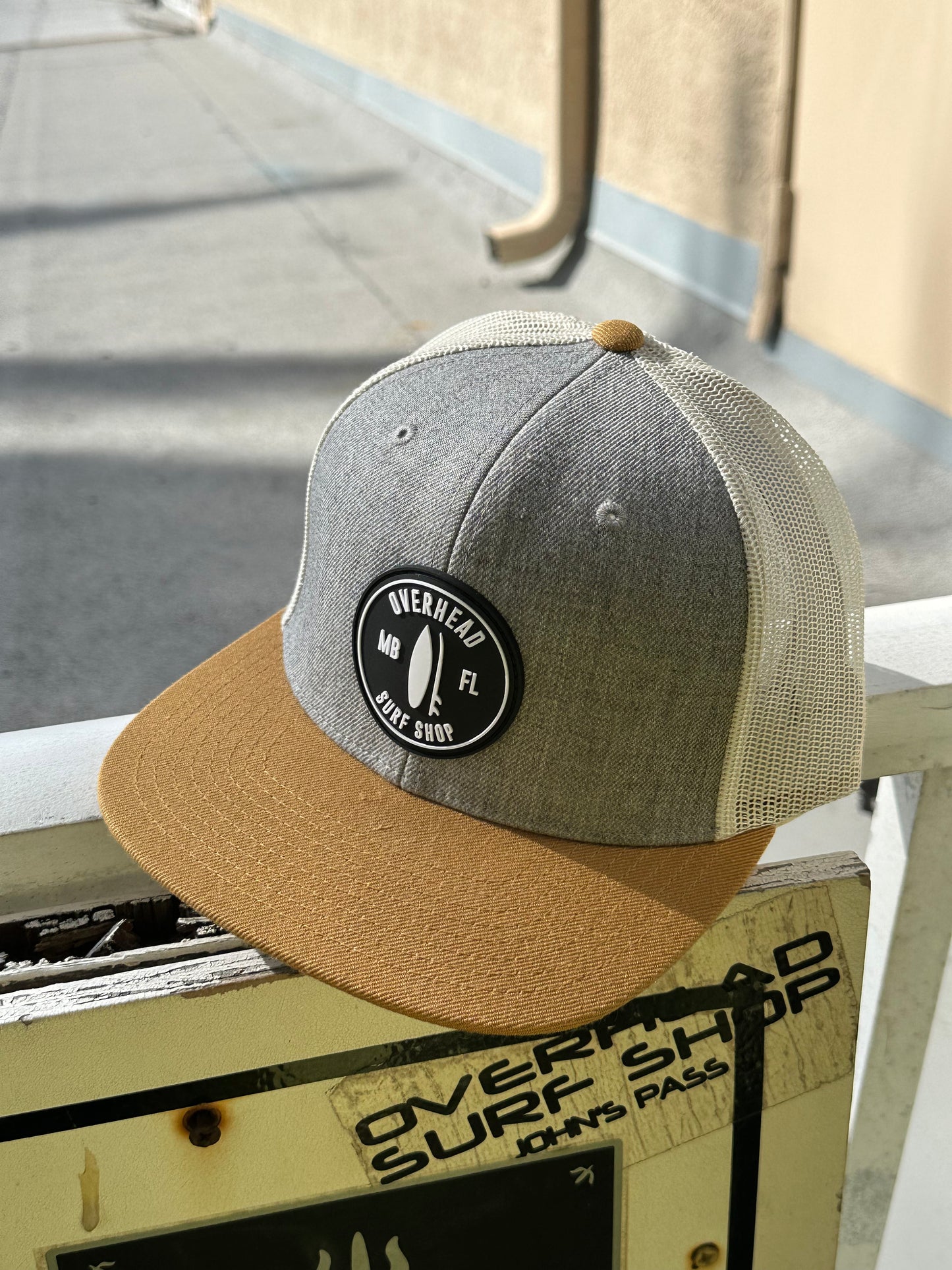 Round Shop Logo Flat Bill Trucker Hat - Grey/Biscuit