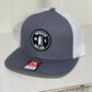 Round Shop Logo Flat Bill Trucker Hat - GRY/WHT