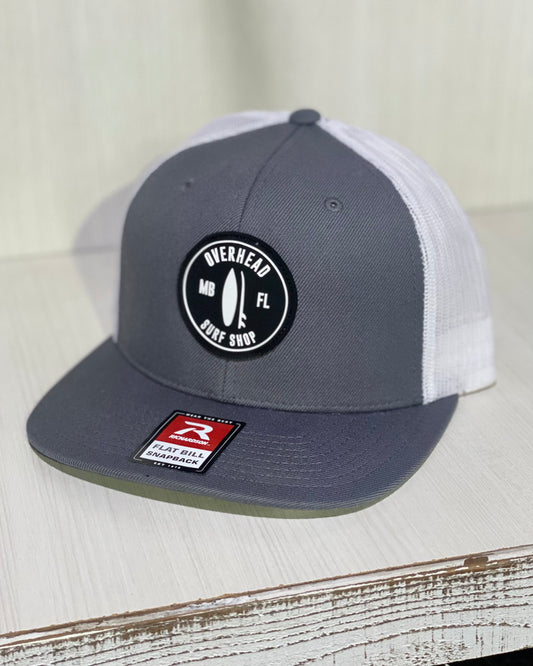 Round Shop Logo Flat Bill Trucker Hat - GRY/WHT