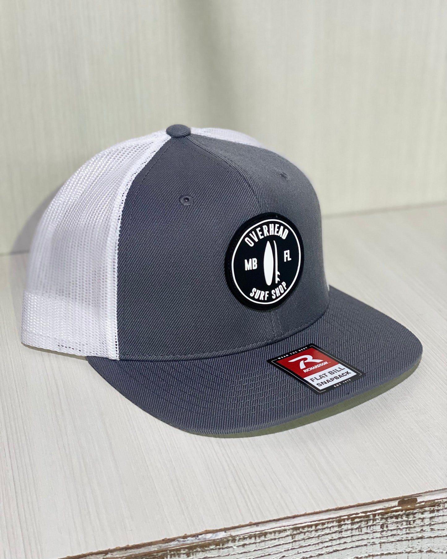 Round Shop Logo Flat Bill Trucker Hat - GRY/WHT