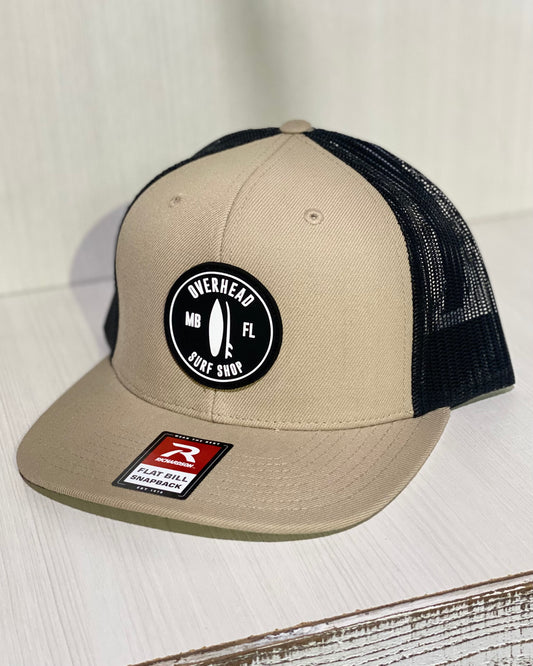 Round Shop Logo Flat Bill Trucker Hat - Khaki/BLK