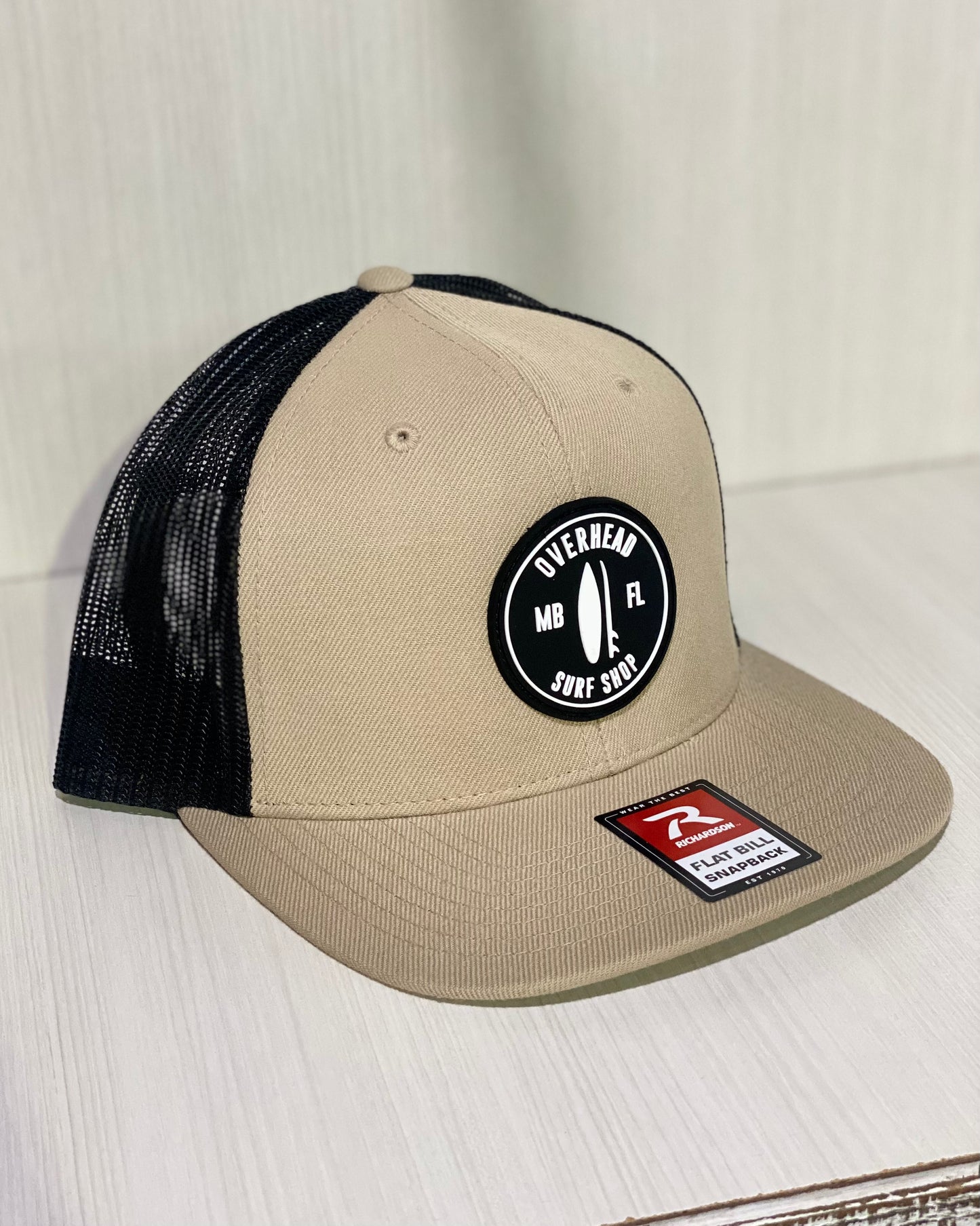 Round Shop Logo Flat Bill Trucker Hat - Khaki/BLK