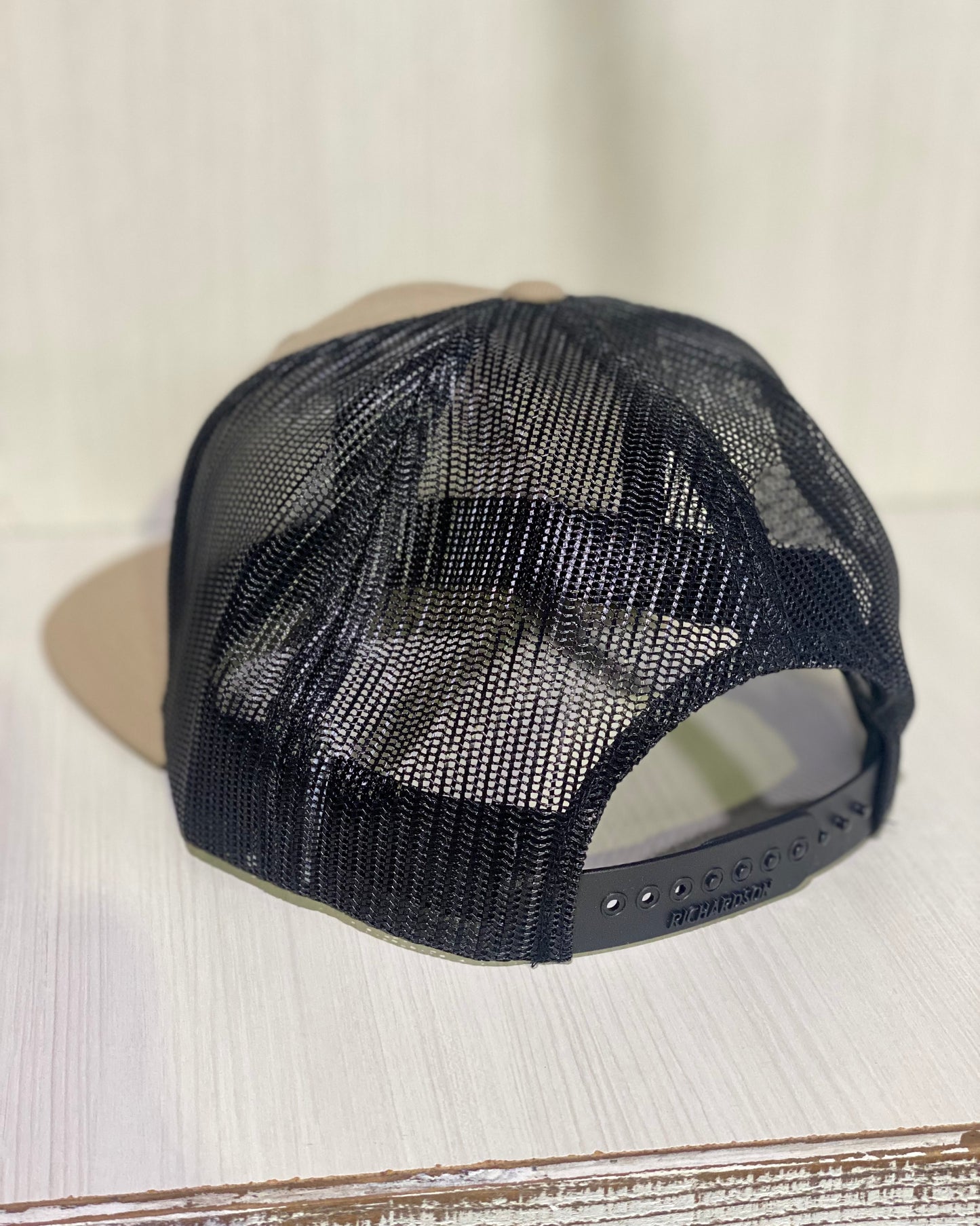 Round Shop Logo Flat Bill Trucker Hat - Khaki/BLK